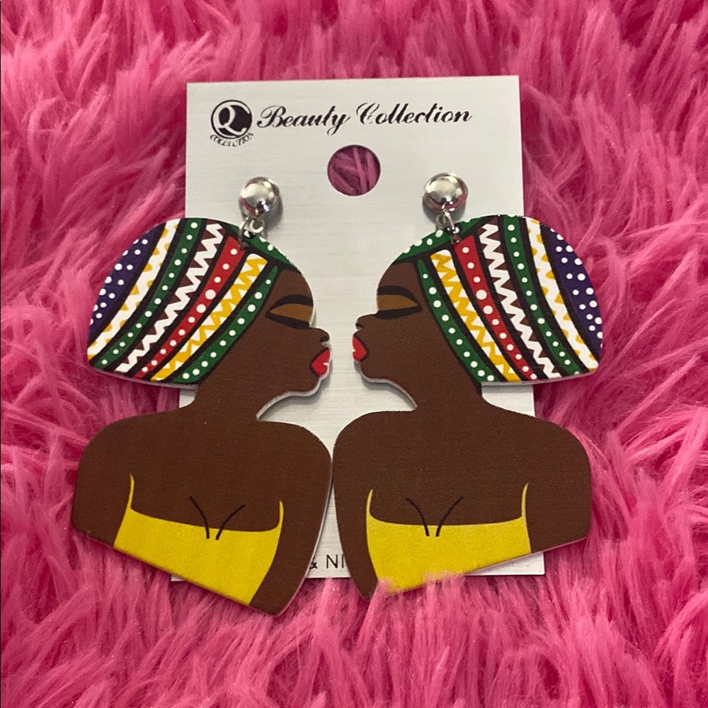 Multicolor African Woman Statement Earrings - Yellow and Brown